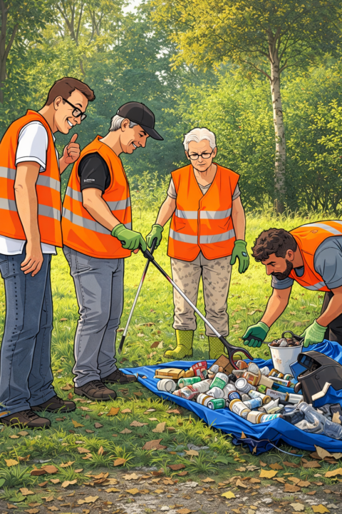 Vrijwilligers in oranje hesjes verzamelen afval in een park.