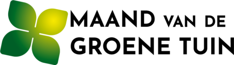 Logo met groene en gele bladillustratie en tekst "Maand van de Groene Tuin".