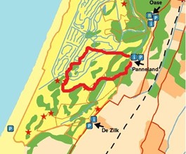 Kaart van duingebied met wandelroutes, parkeerplaatsen, en informatiepunten nabij De Zilk en Oase.