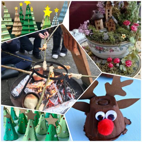 Collage van kerstknutsels: papieren bomen, brood bakken op vuur, feeëntuin, en rendierdecoratie.