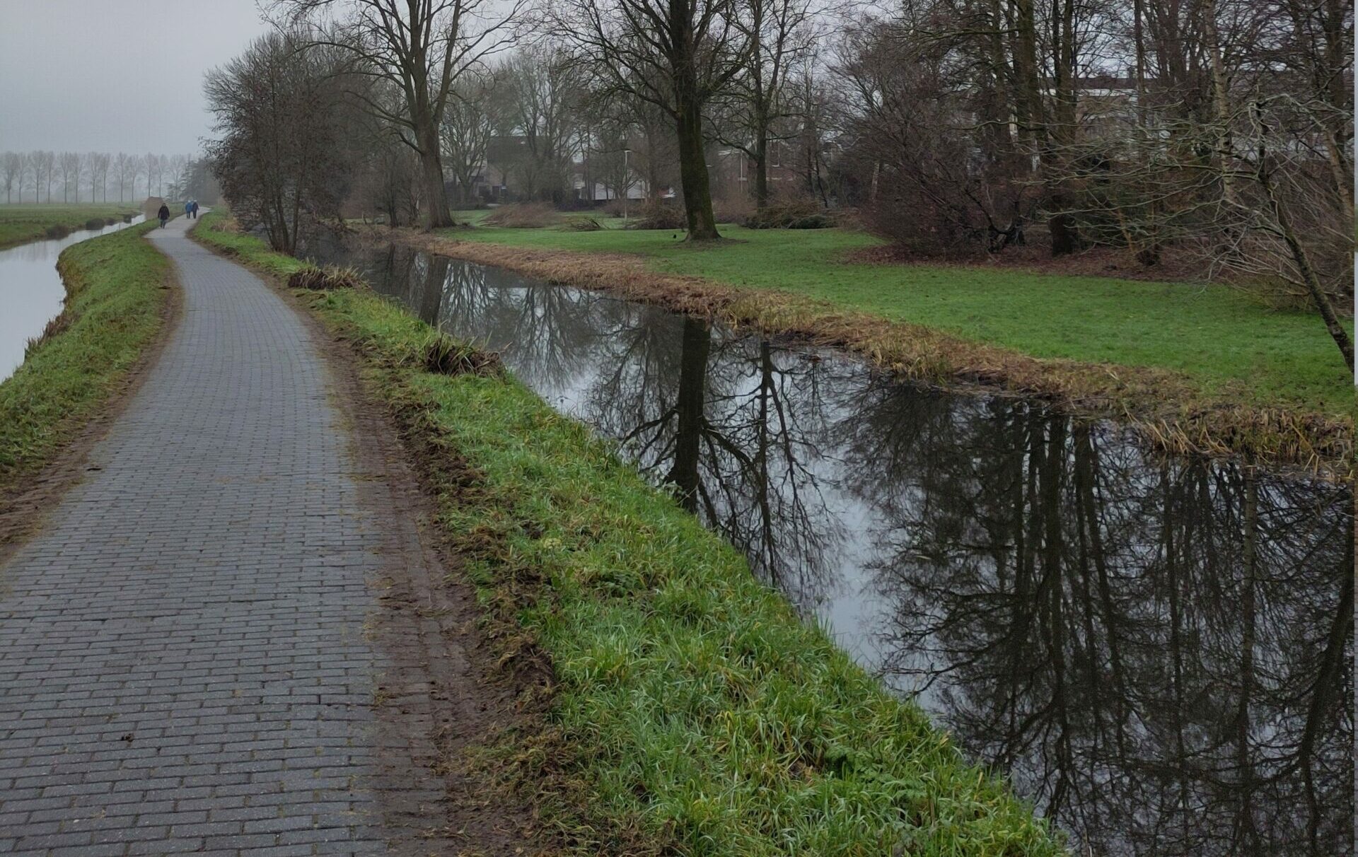 Een smal pad langs een kanaal met bomen en gras, onder een bewolkte, grijze hemel.