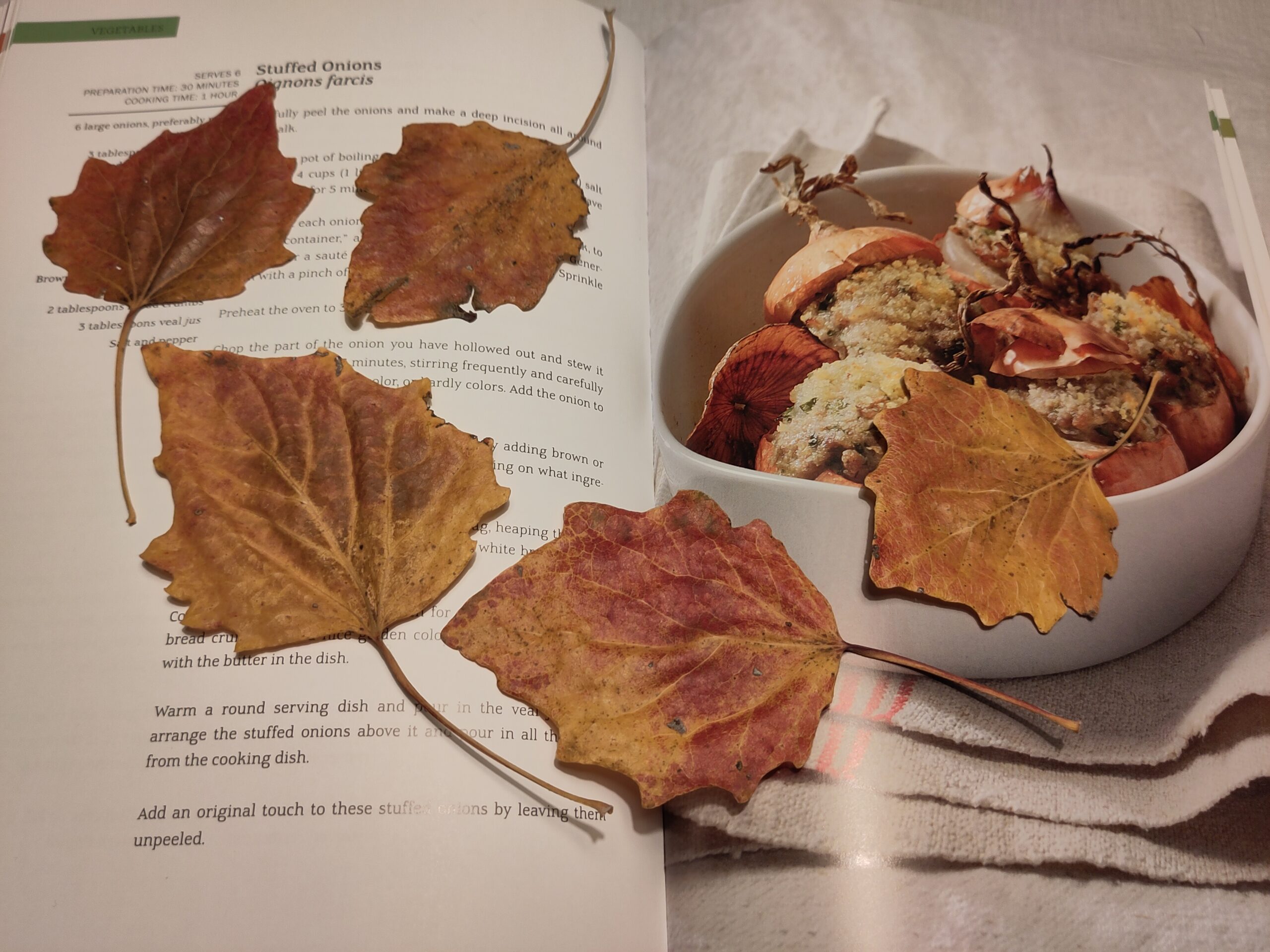 Herfstbladeren op een open kookboek, naast een schaal gevulde uien.