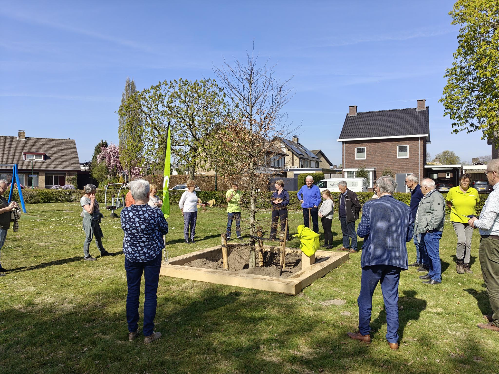 Mensen verzamelen zich rond een vers geplante boom in een woonwijk op een zonnige dag.