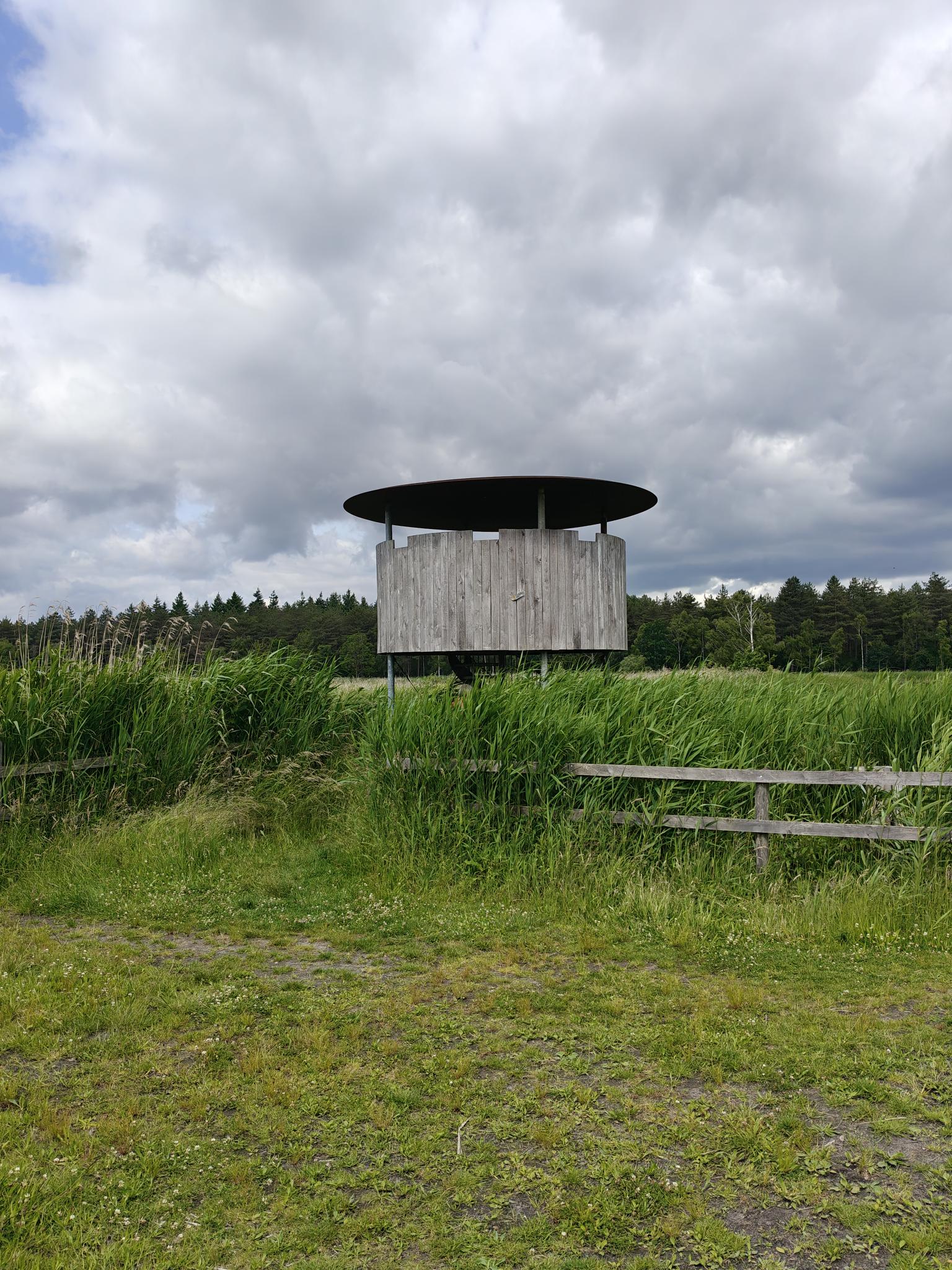 Houten vogelobservatiehut in groen veld onder bewolkte hemel.