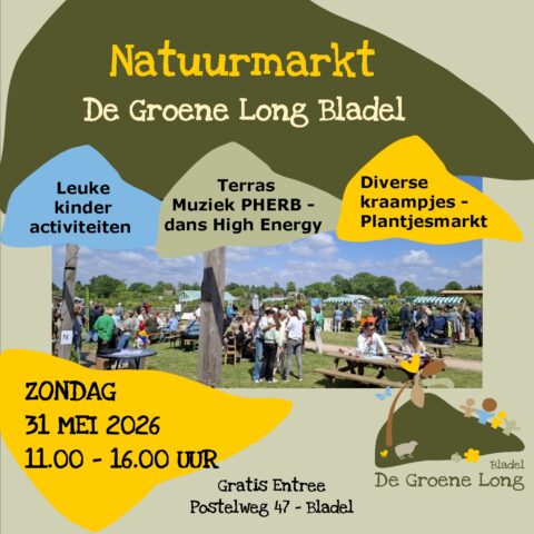 Poster voor de Natuurmarkt in Bladel met activiteiteninfo, datum, tijd en locatiespecifieke details.