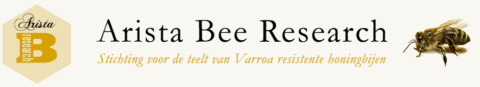 Logo van Arista Bee Research met een honingbij en tekst over Varroa-resistente bijenteelt.