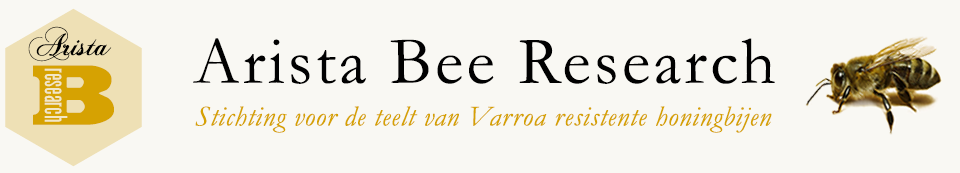 Logo van Arista Bee Research met een honingbij en tekst over Varroa-resistente bijenteelt.