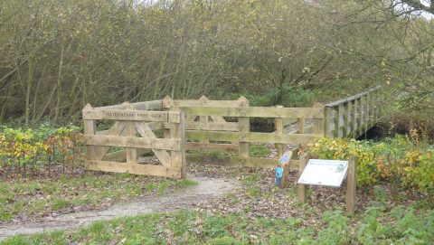 Houten poort met bord "Natuurpark Vrije Geer", pad naar houten brug omringd door struiken en bomen.