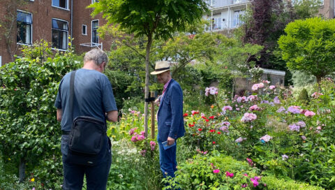 Twee mannen in een bloementuin, één met hoed, omgeven door kleurrijke bloemen en groene planten.