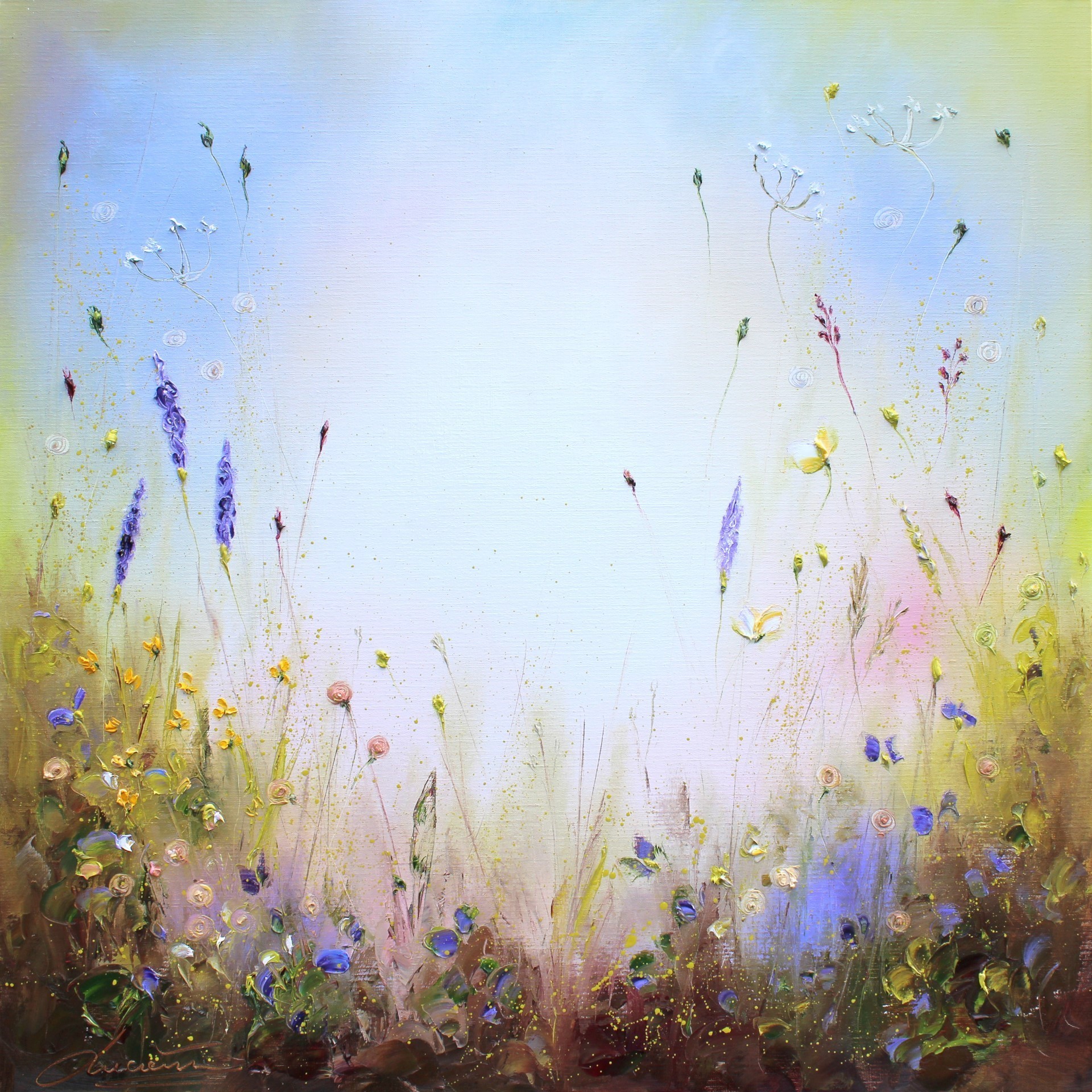 Bloemen in een kleurrijk veld tegen een lichte, blauwe lucht.