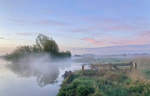 Mistig landschap bij zonsopgang, met een stille rivier, bomen en een houten hek op de voorgrond.