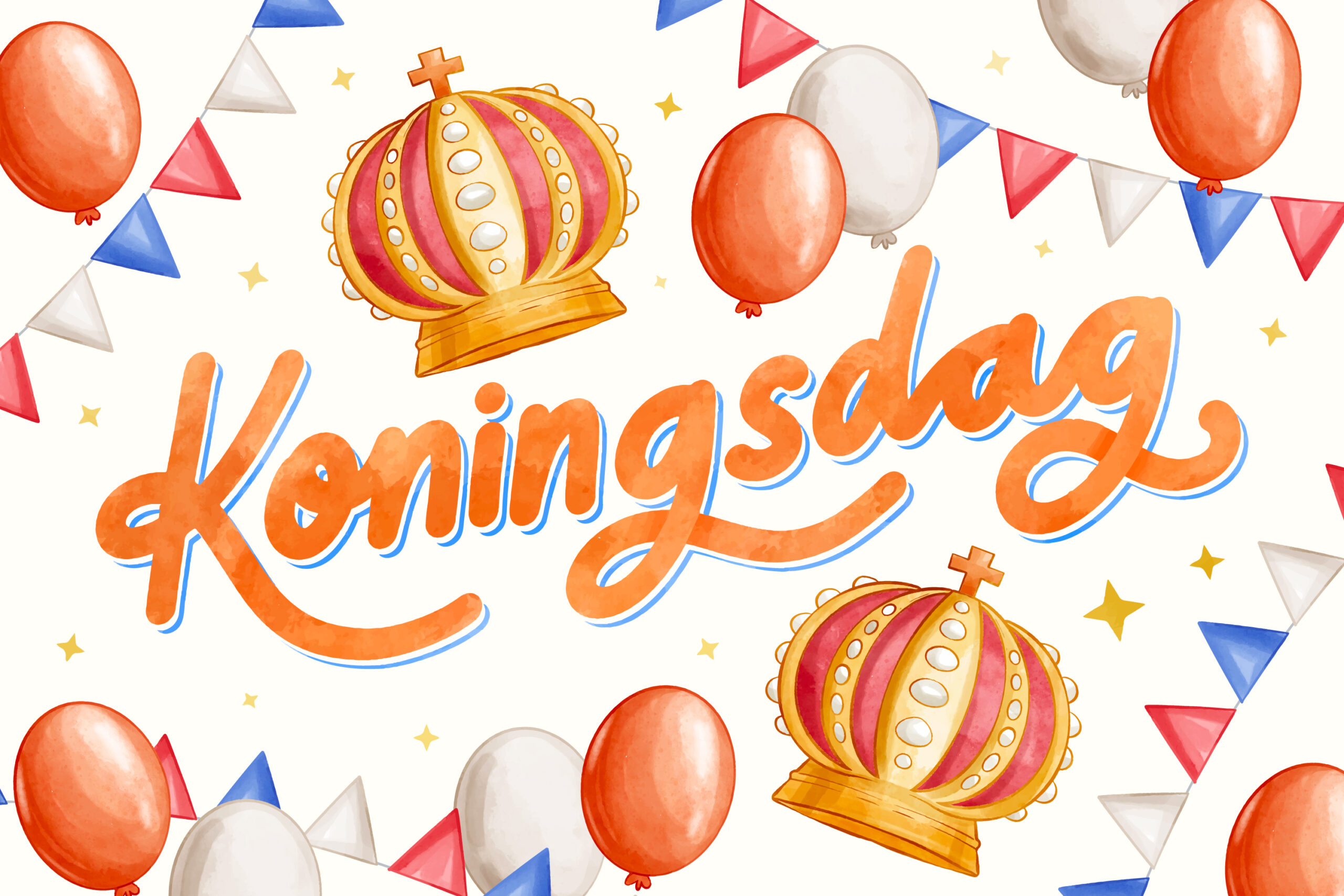 Tekst "Koningsdag" met kronen, ballonnen en vlaggetjes in rood, wit, en blauw.