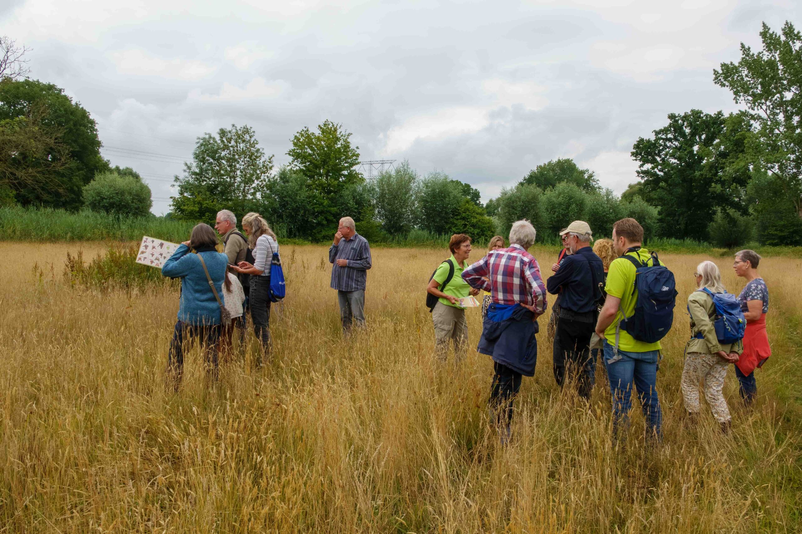 Een groep mensen observeert natuur in een grasveld onder een bewolkte hemel.