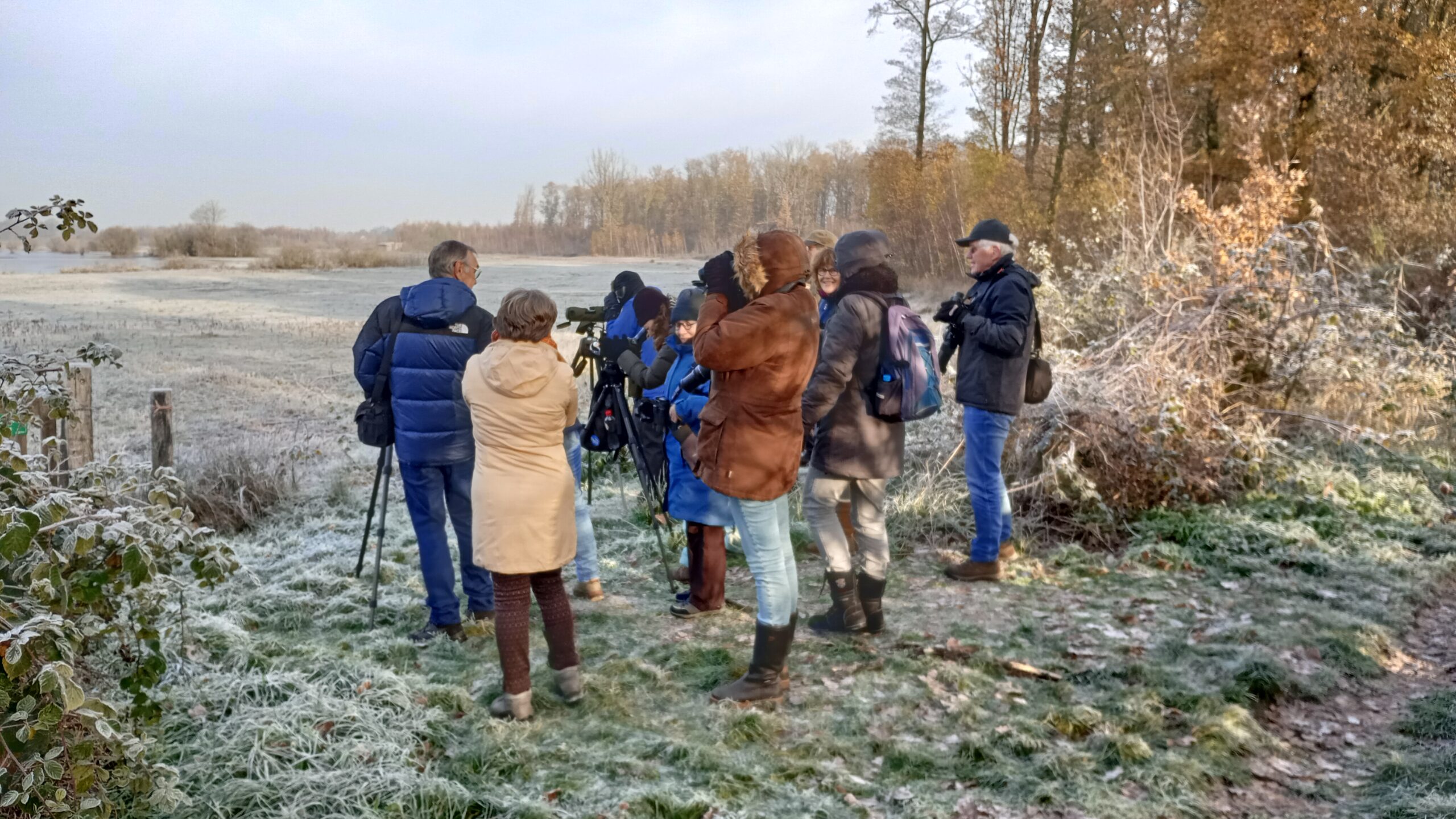 Groep mensen kijkt door verrekijkers naar besneeuwd landschap met bomen in de verte.
