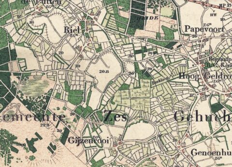 Historische kaart van Riel en omgeving met wegen, terreinen en plaatsnamen afgebeeld.