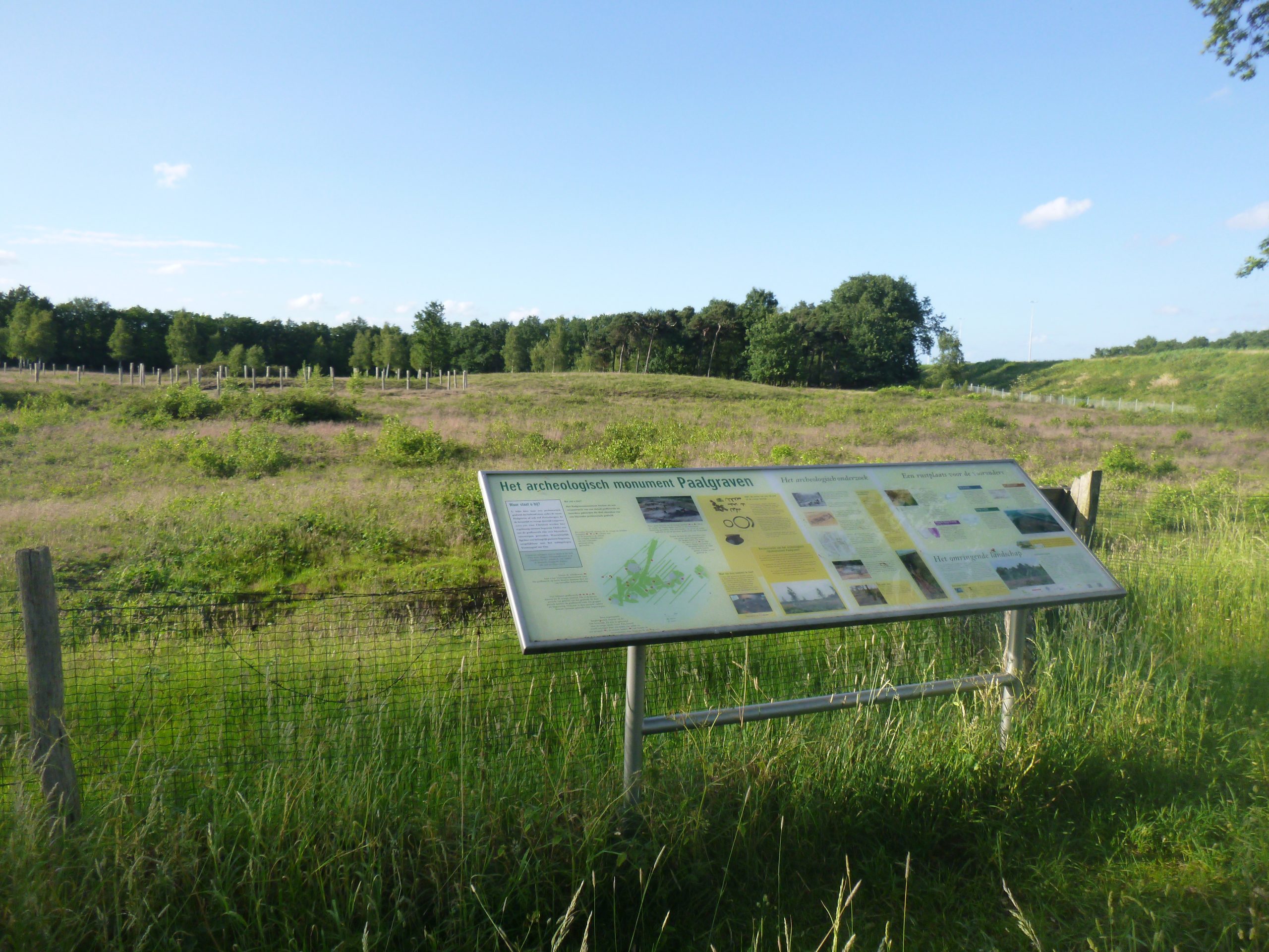 Informatiebord bij een archeologisch monument in een groen landschap met paaltjes en bos op de achtergrond.