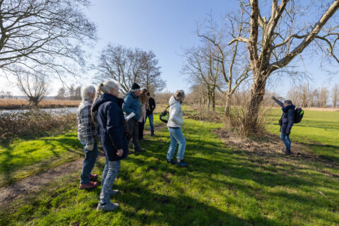 Groep mensen in winterkleding luistert naar een gids bij een boom in een open veld.