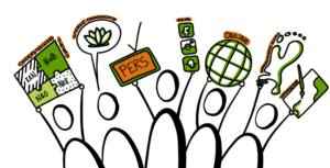 Illustratie van zes figuren die borden omhoog houden met teksten over thema's, communicatie en media.