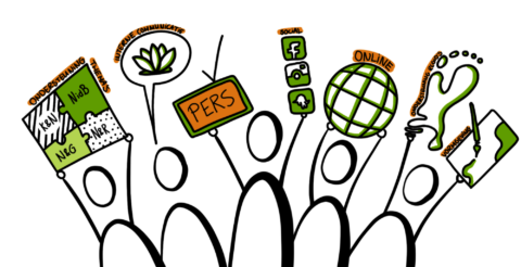 Illustratie van zes figuren die borden omhoog houden met teksten over thema's, communicatie en media.