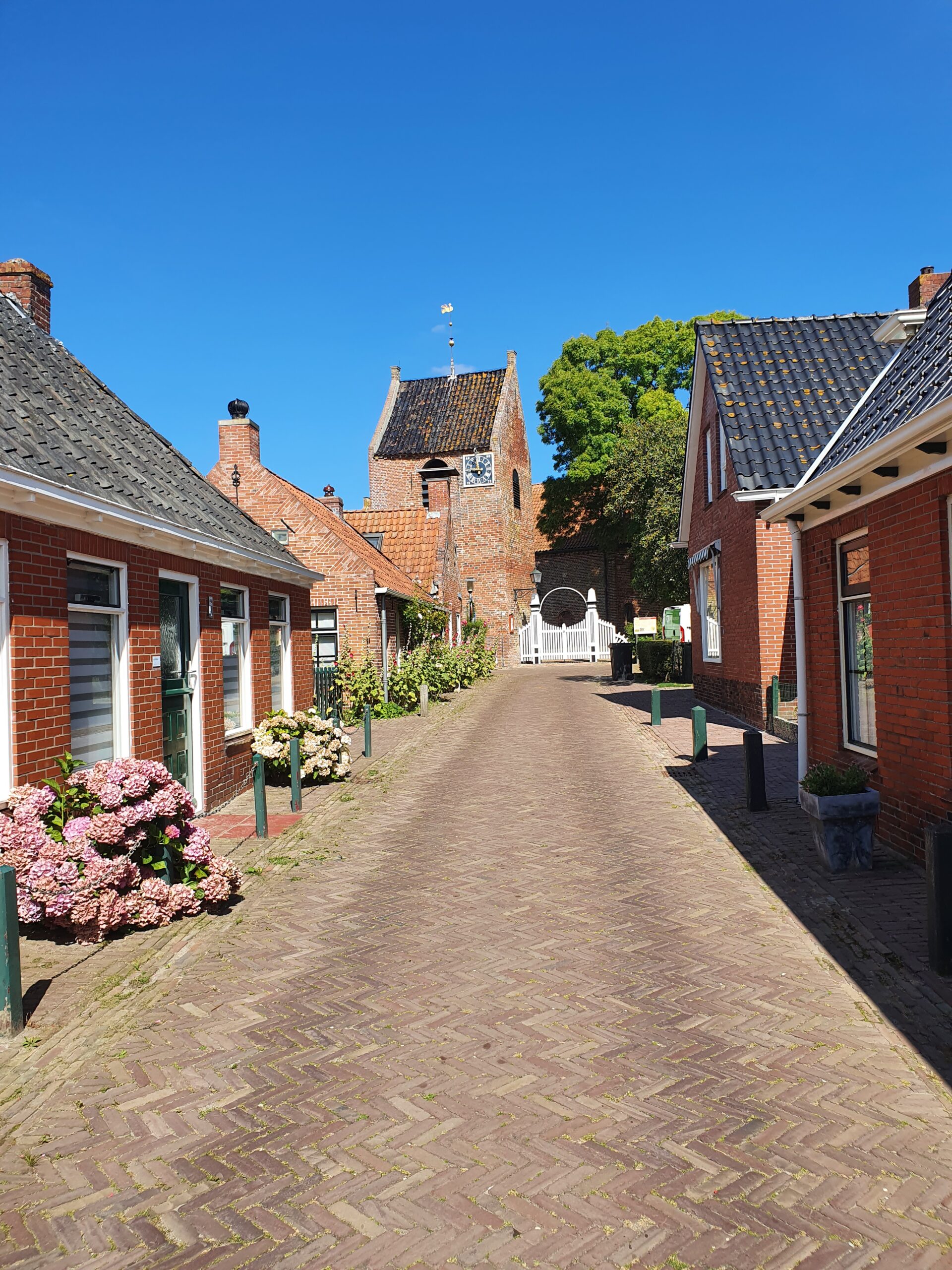 Smal bakstenen straatje met traditionele huizen en een klokkentoren onder een heldere, blauwe lucht.