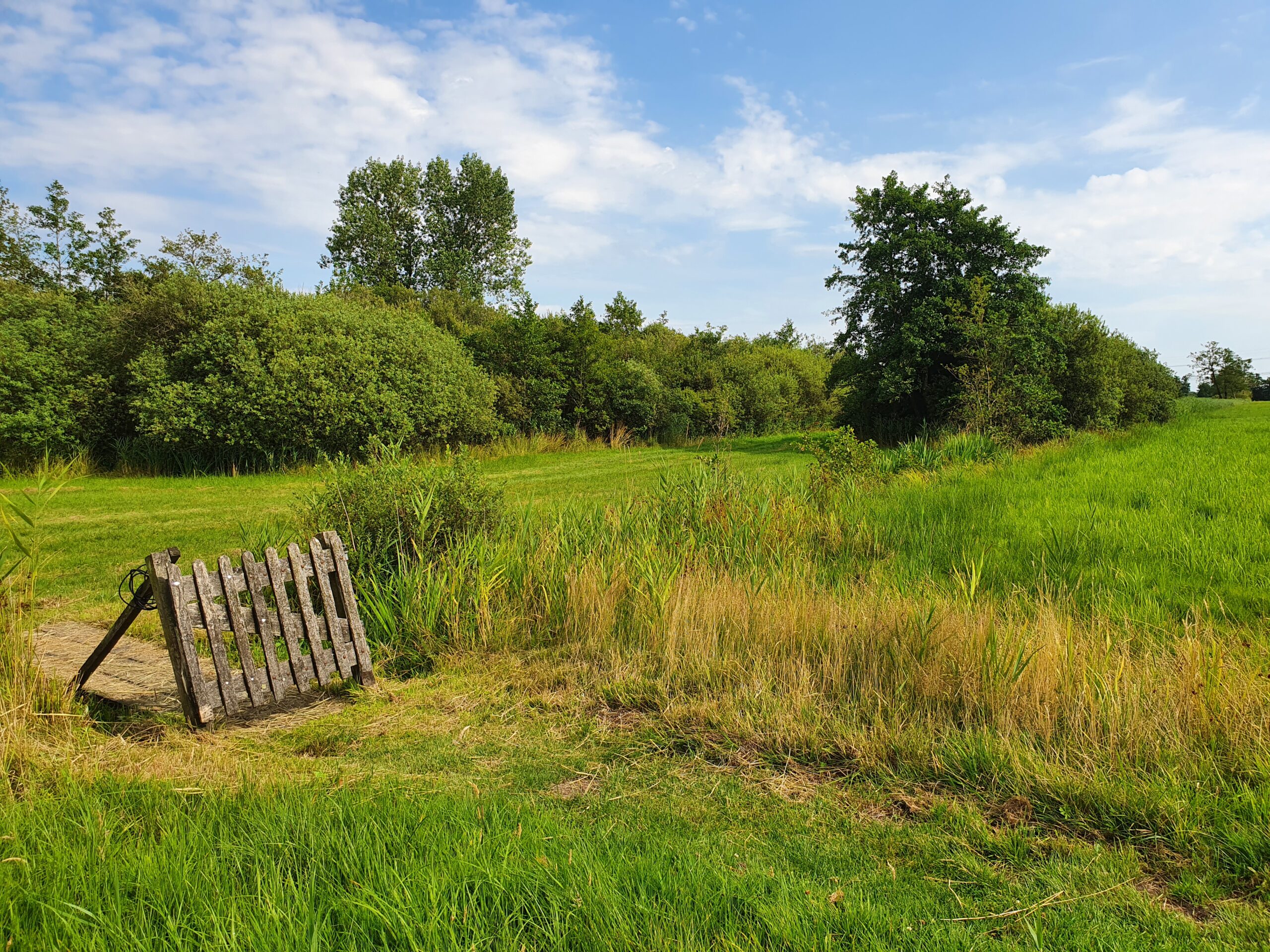 Groen landschap met gras, struiken, een kleine houten toegangspoort en deels bewolkte blauwe lucht.