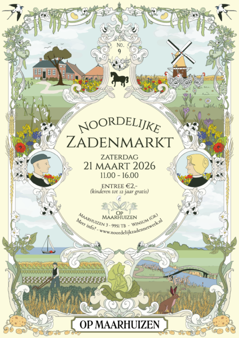 Poster voor de Noordelijke Zadenmarkt op 21 maart 2026 in Maarhuizen met tekeningen van landschap en flora.