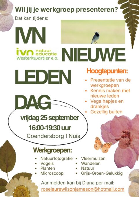 Poster voor IVN Nieuwe Leden Dag, 25 sept, 16:00-19:30, Coendersborg Nuis. Hoogtepunten en workshops.