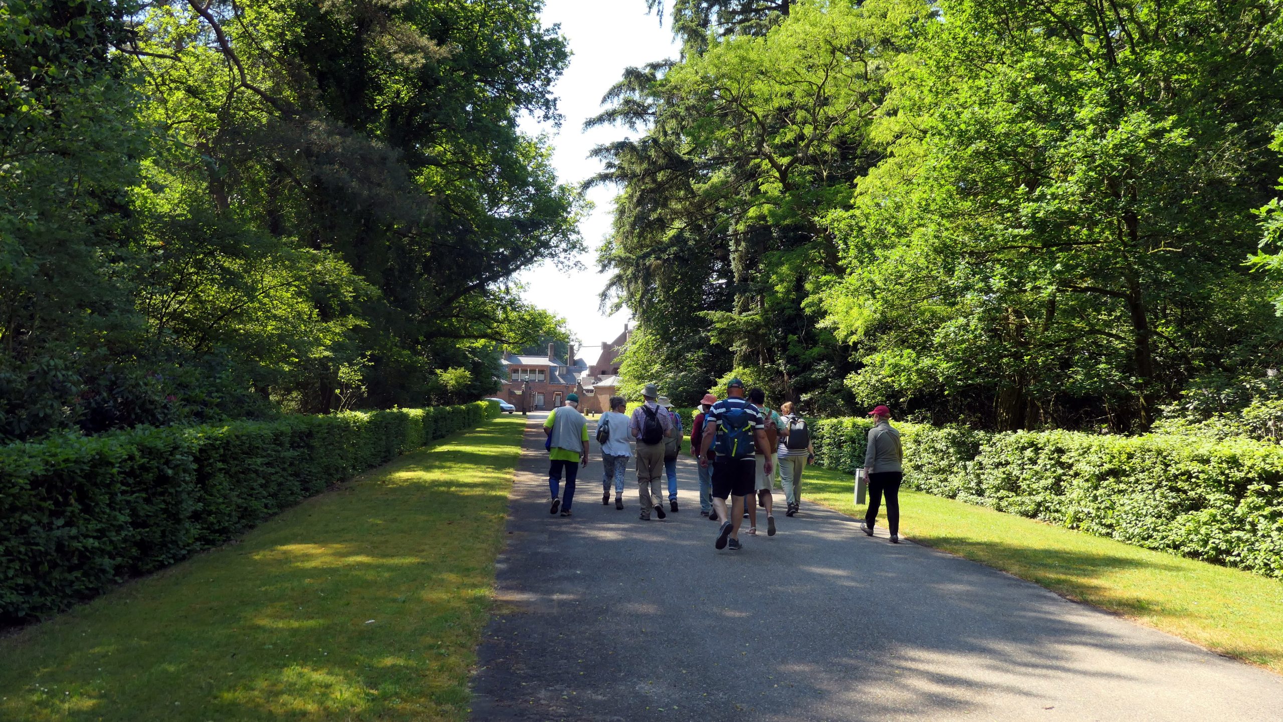 Groep mensen wandelt op een beboste laan richting een groot, bakstenen gebouw in de verte.