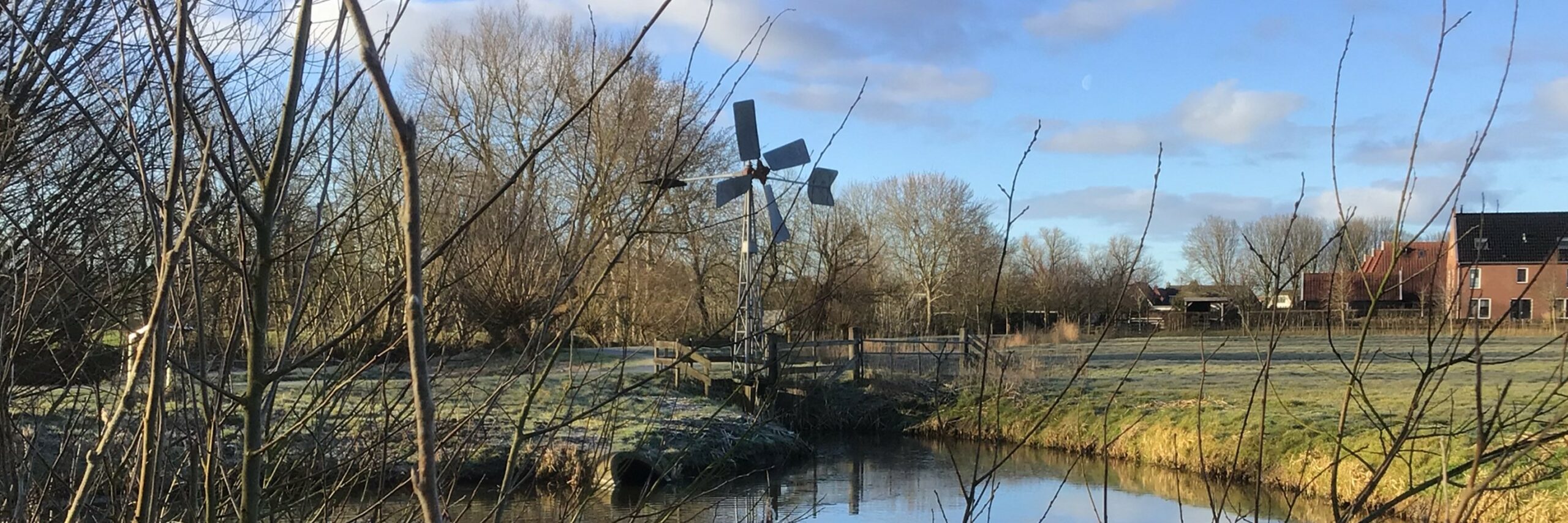 Windmolen naast sloot met bomen en huizen op de achtergrond onder een heldere hemel.