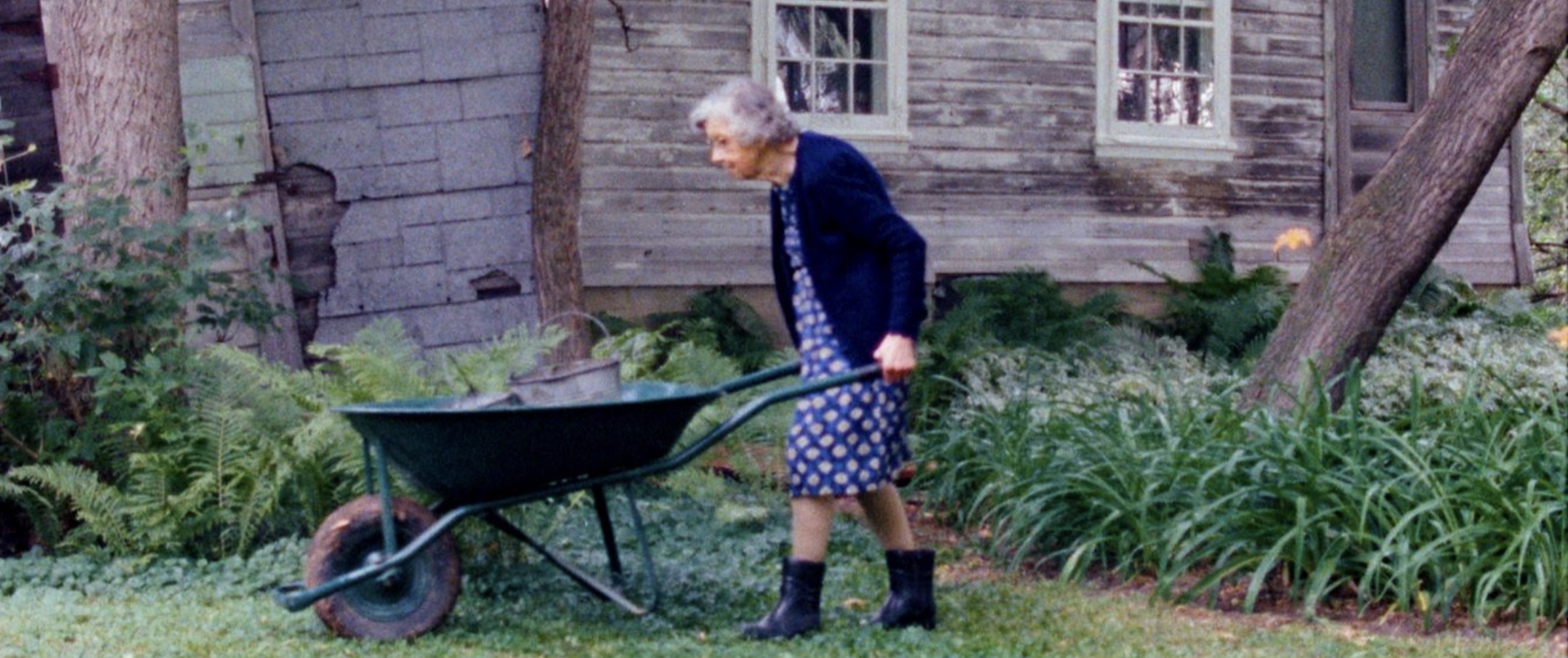 Oudere vrouw met kruiwagen in tuin bij houten huis.