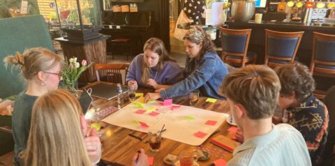 Groep mensen aan tafel met post-its tijdens een creatieve brainstormsessie in een café.