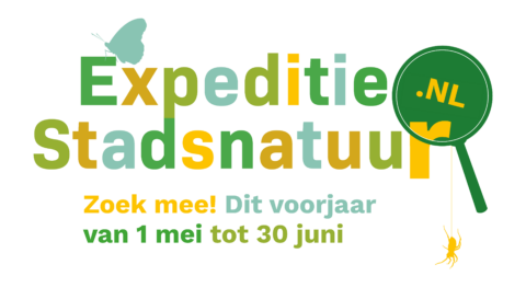 Tekst "Expeditie Stadsnatuur" met vlinder en spin, oproep van 1 mei tot 30 juni.