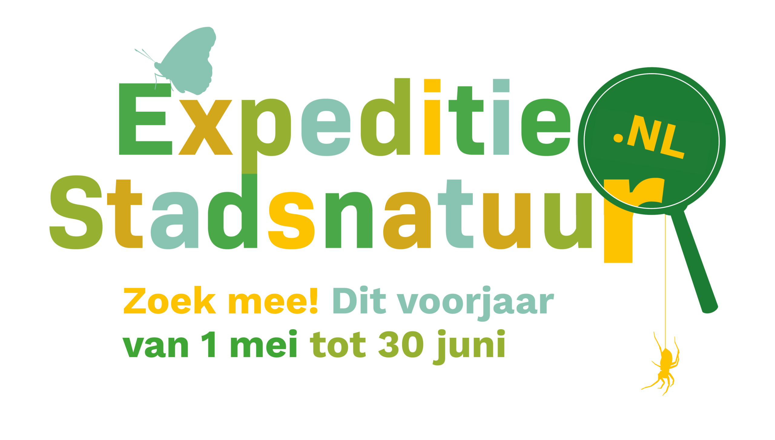 Tekst "Expeditie Stadsnatuur" met vlinder en spin, oproep van 1 mei tot 30 juni.