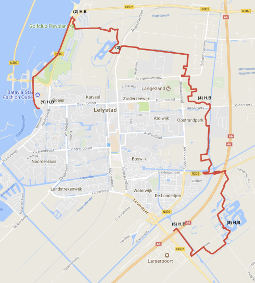 Kaart van het ommetje Rondom Lelystad Noordelijk deel