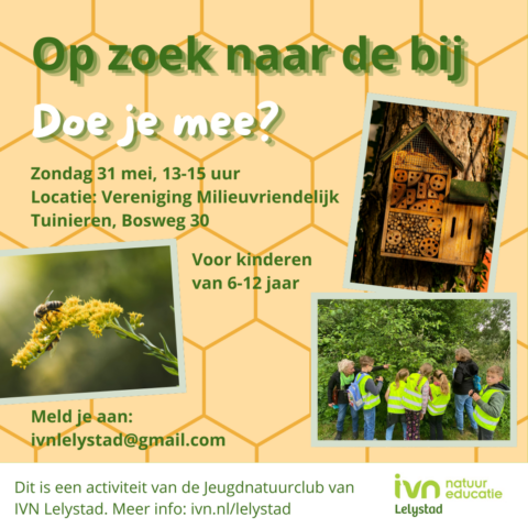 Flyer voor kinderactiviteit "Op zoek naar de bij" op 31 mei, met bijenhotel en kinderen.