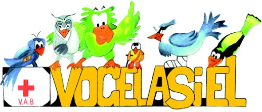 Tekening van vogels bovenop het woord "VOGELASIEL" met een rood kruis logo links.