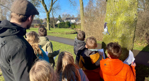 Kinderen bestuderen een pinguïnfoto op een boom tijdens een buitenactiviteit.
