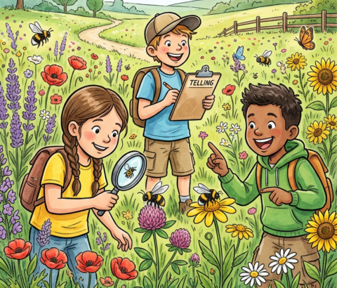 Drie kinderen onderzoeken bloemen en bijen in een zonnige weide met een verrekijker en een clipboard.