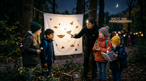 Kinderen observeren nachtvlinders op een verlicht doek in een bos bij het evenement "Nacht van Verwondering".
