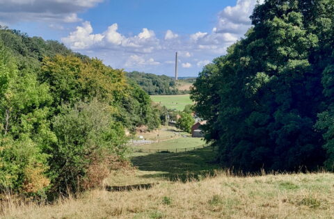 Groen landschap met velden, bomen en een hoge schoorsteen in de verte onder een bewolkte lucht.