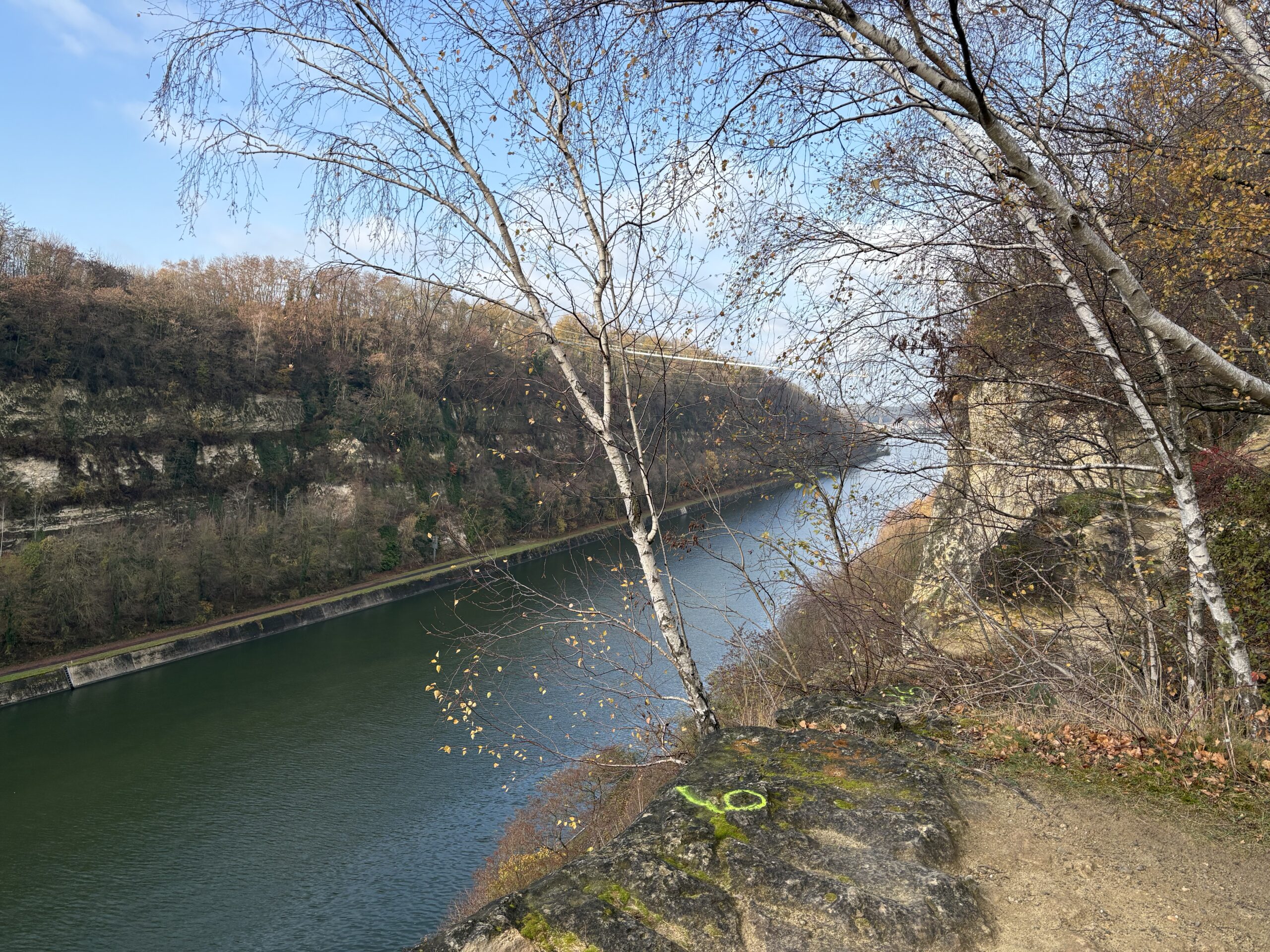 Rivierlandschap met kliffen, bomen en een blauwgroene rivier onder een lichte, bewolkte hemel.