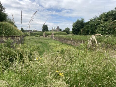 Grasland met oude stenen muren en op de achtergrond een gebouw met groene torens, onder bewolkte hemel.