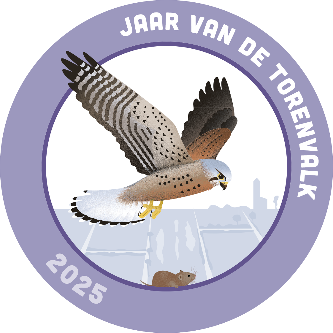 Illustratie van een torenvalk die een muis jaagt, tekst "Jaar van de Torenvalk 2025" in paarse cirkel.