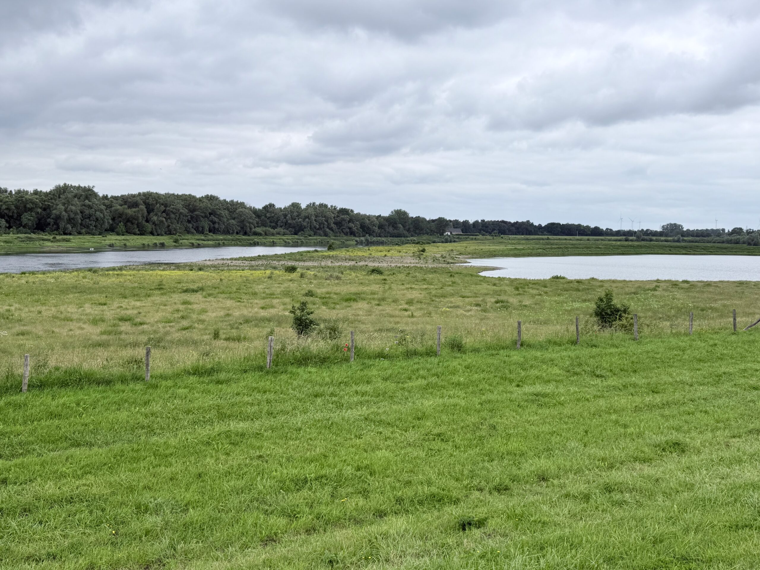 Uitzicht op een groene weide naast een brede rivier onder een bewolkte hemel.