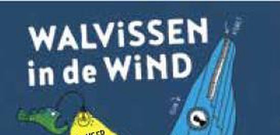 Omslag van het boek "Walvissen in de Wind" met illustratie van een walvis en een groene fles.