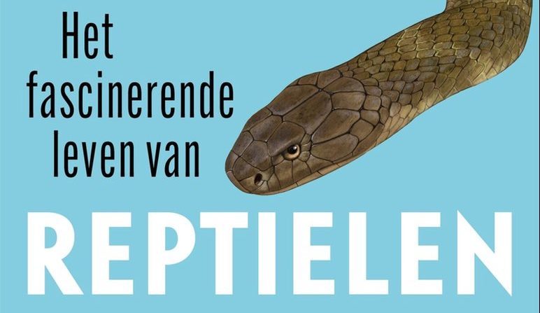 Afbeelding van een slang en de tekst "Het fascinerende leven van reptielen" op een blauwe achtergrond.