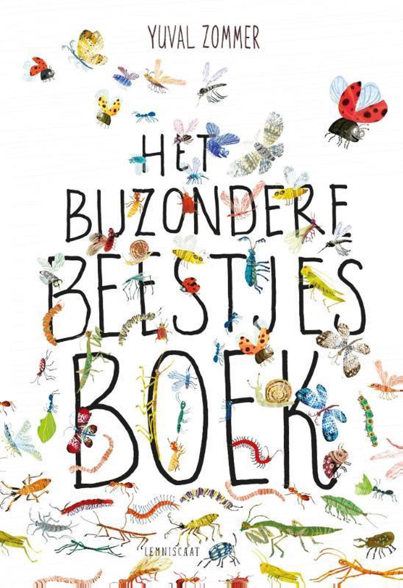 Boekcover met kleurrijke insecten en de tekst: "Het bijzondere beestjes boek" van Yuval Zommer.