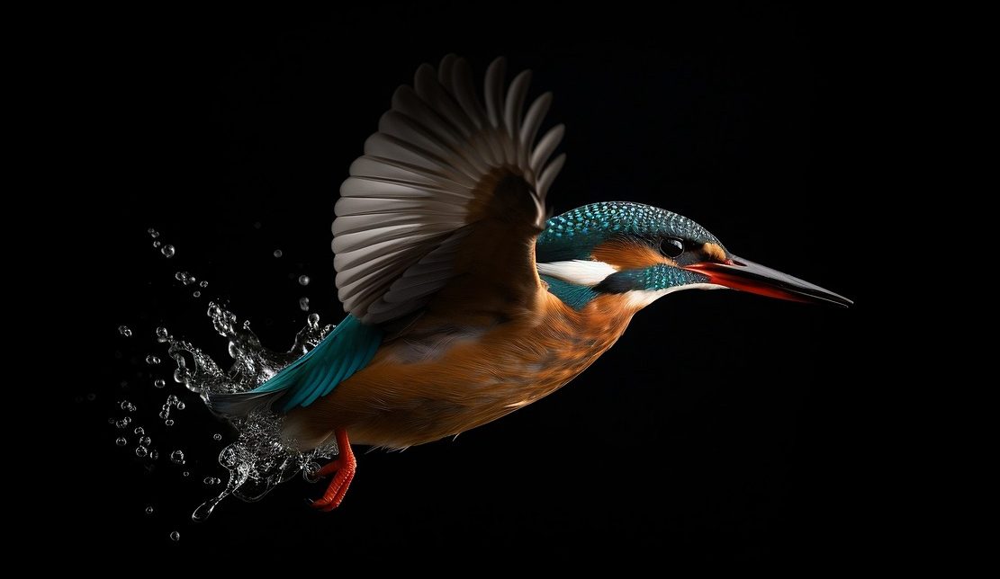 IJsvogel vliegt uit water met gespreide vleugels tegen een zwarte achtergrond.