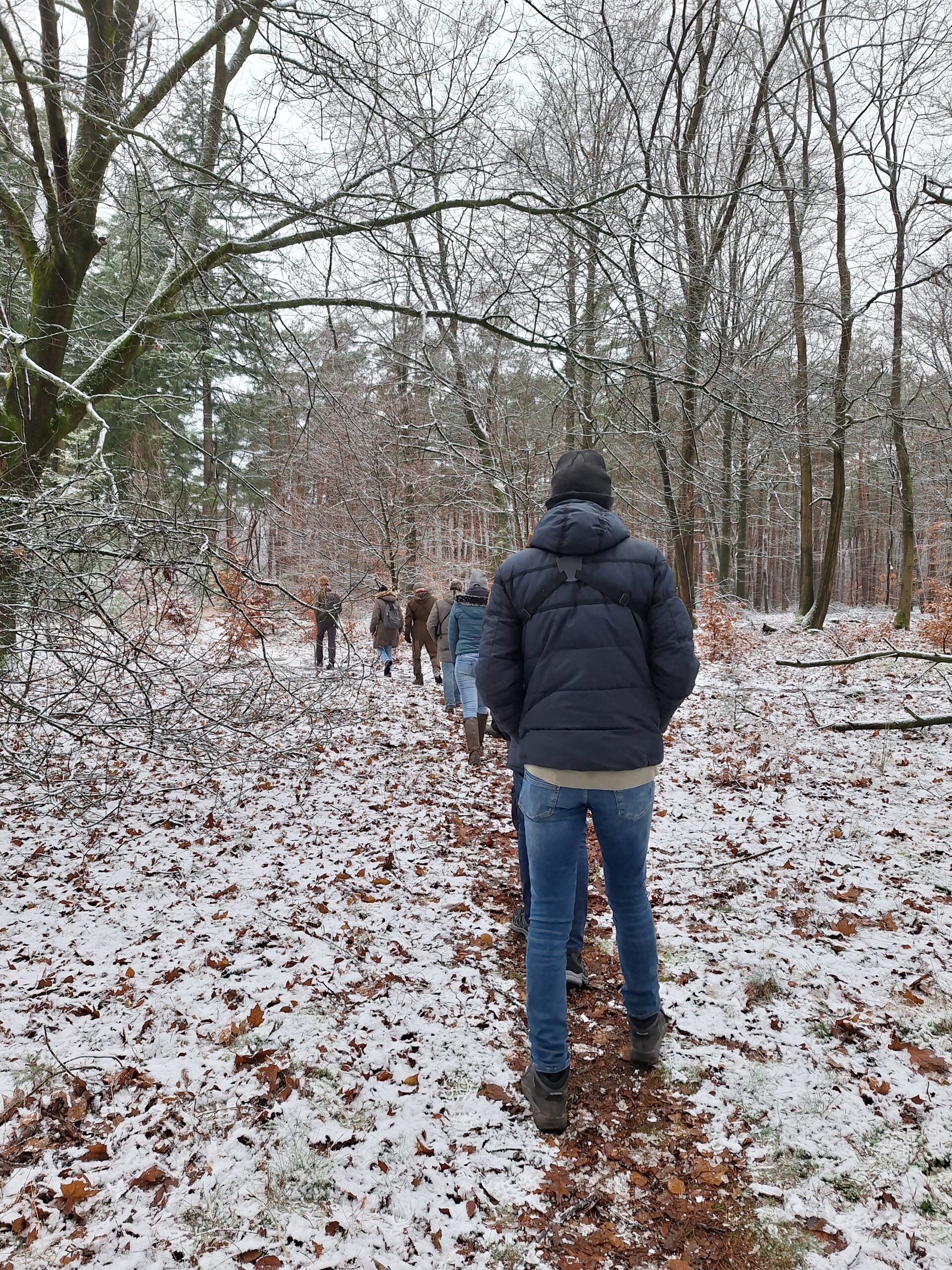 Een groep mensen wandelt door een besneeuwd bos in de winter.