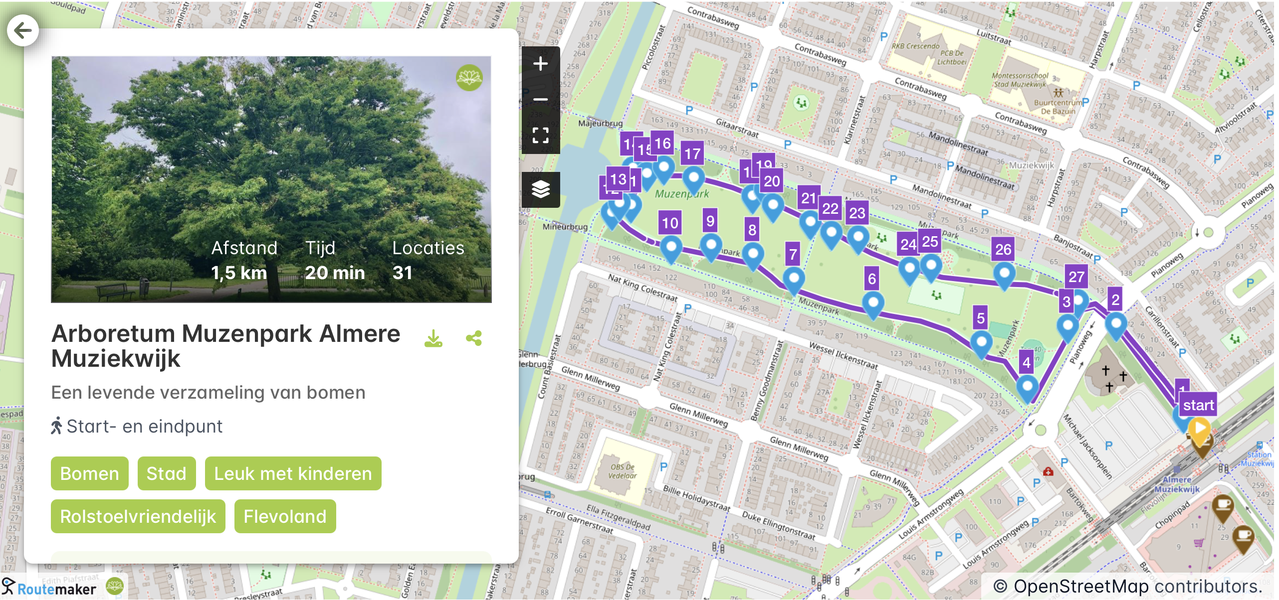 Wandelroute door Arboretum Muziekwijk Almere, 1,5 km, 20 min, met 31 locaties op kaart weergegeven.